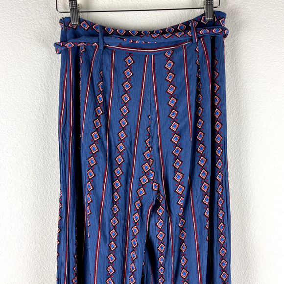 L'atiste Wide Leg Pants Womens Large Blue Size Zip Slit Waist Tie Boho Aztec - Picture 8 of 14